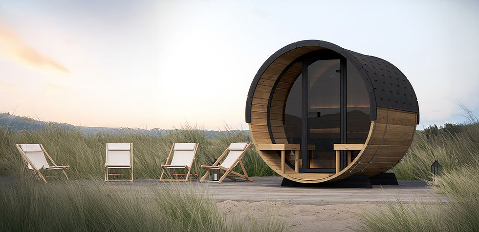 FINSAUNA Reviva Deluxe 400P Outdoor Barrel Sauna with Porch, Up to 4 Persons