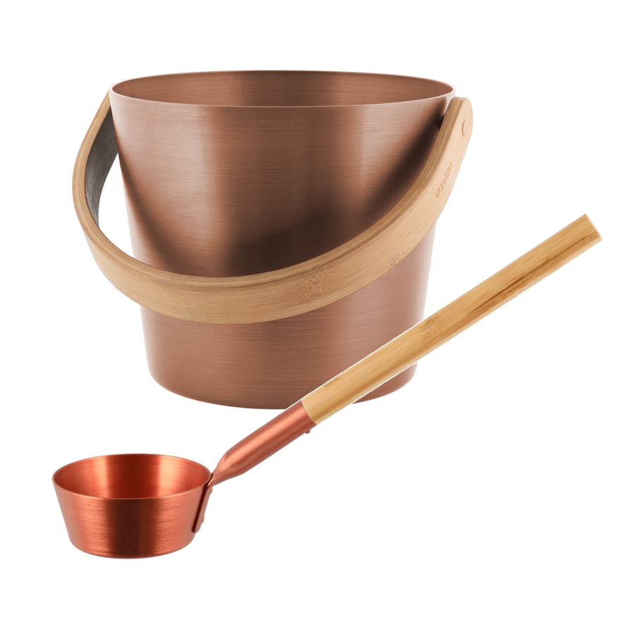Rento Copper Aluminum & Bamboo Sauna Bucket + Ladle Set