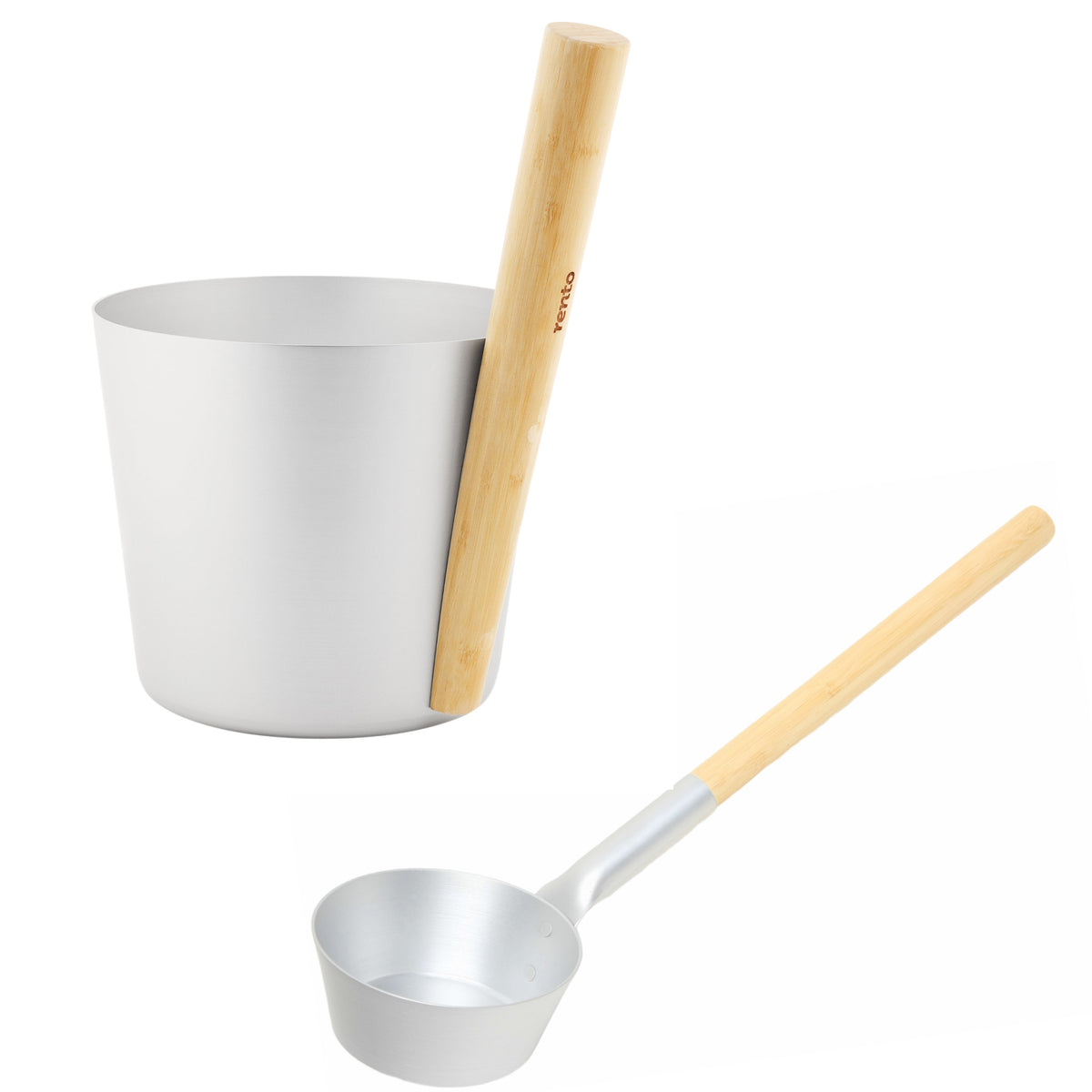 Rento Aluminum / Bamboo Silver Sauna Pail & Ladle Set