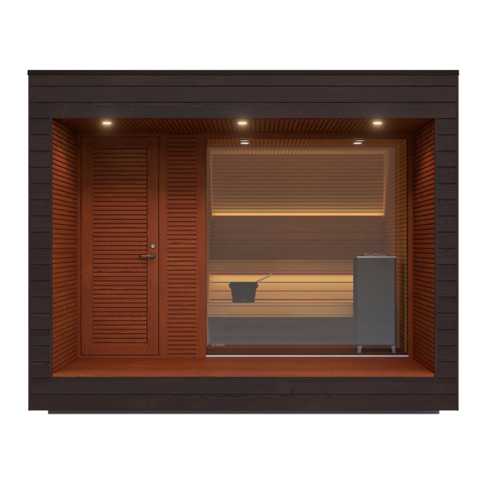 Auroom Natura outdoor modern sauna cabin with glass front and changing room
