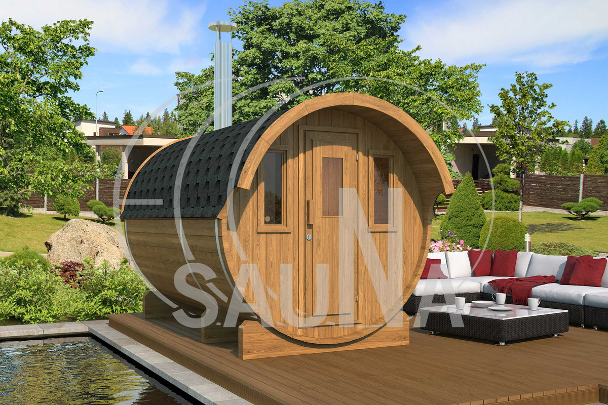 Ecosauna Barrel Sauna 330 with a terrace